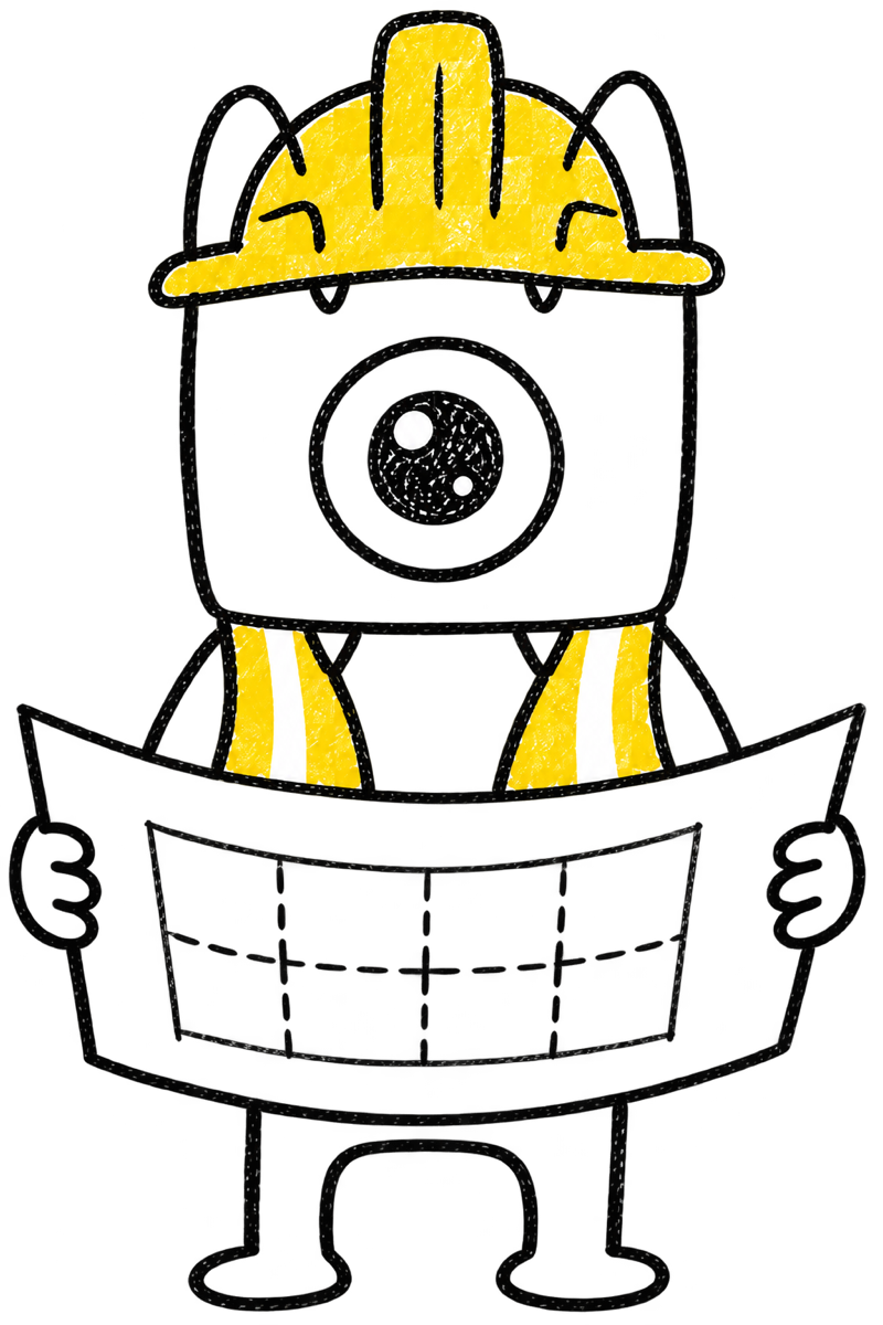 Oddworks mascot wearing a hard hat and studying a blueprint